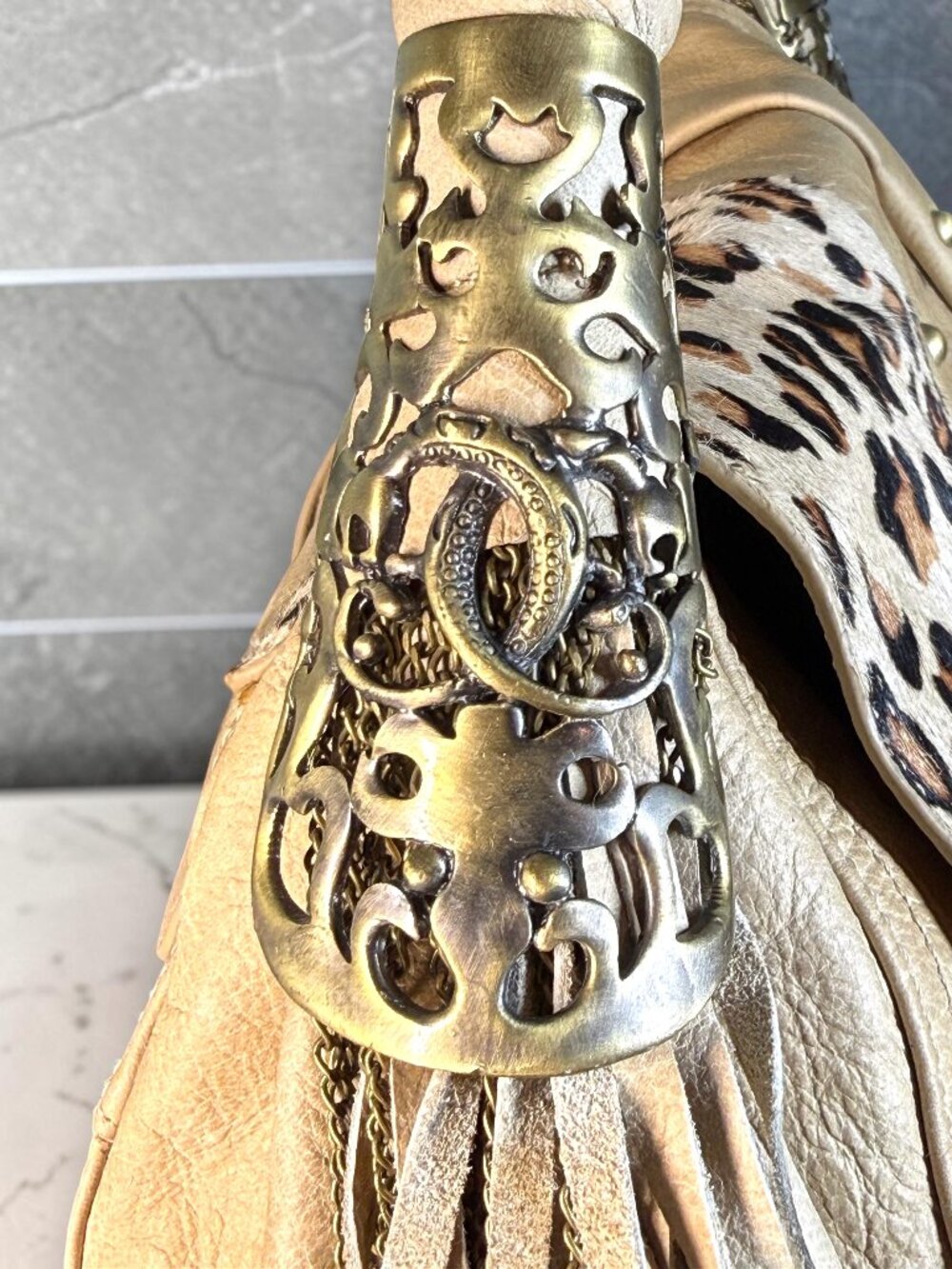 Sharif 1827 Vintage Legacy Leopard Haircalf Studded Sample Shoulder Bag NWT - Picture 5 of 15